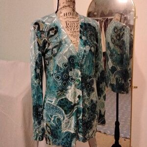 Women's EUC Chico's blue paisley long sleeve button front Cardigan Sz 0 (XS)